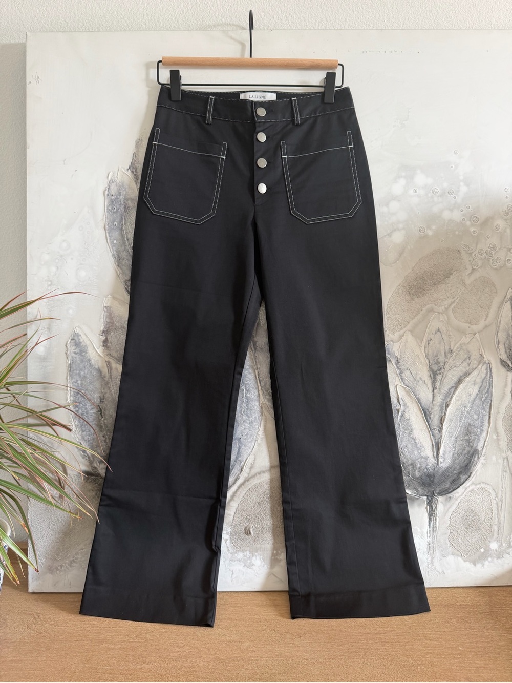 La Ligne Black Wide-Leg Jeans with White Contrast Stitching